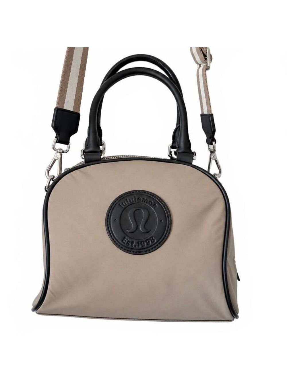 Lululemon Bowler Crossbody Bag 4.5L Taupe Tan Black Stripe Strap Satchel dome